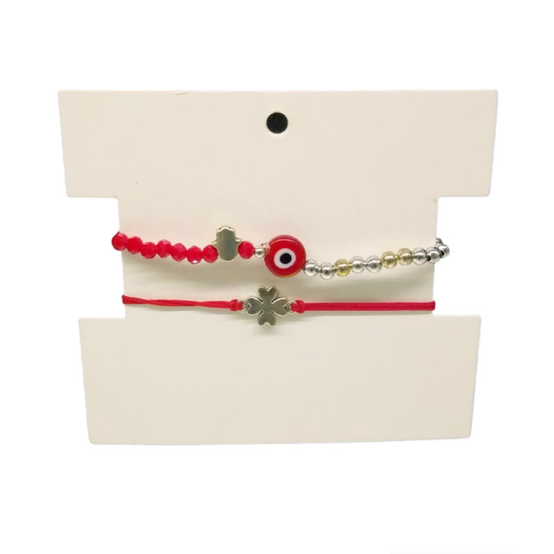 Set Dos Pulseras Elastica y de Hilo Roja con Ojo Turco y Trebol