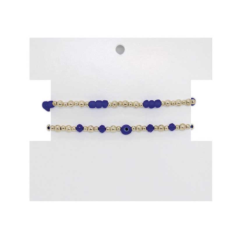 Set Pulseras Hilo y Elastica Doradas y Azul con Ojo Turco