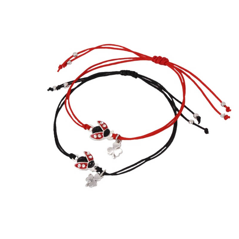 Set Pulsera Hilo Negra y Roja con Mariquita