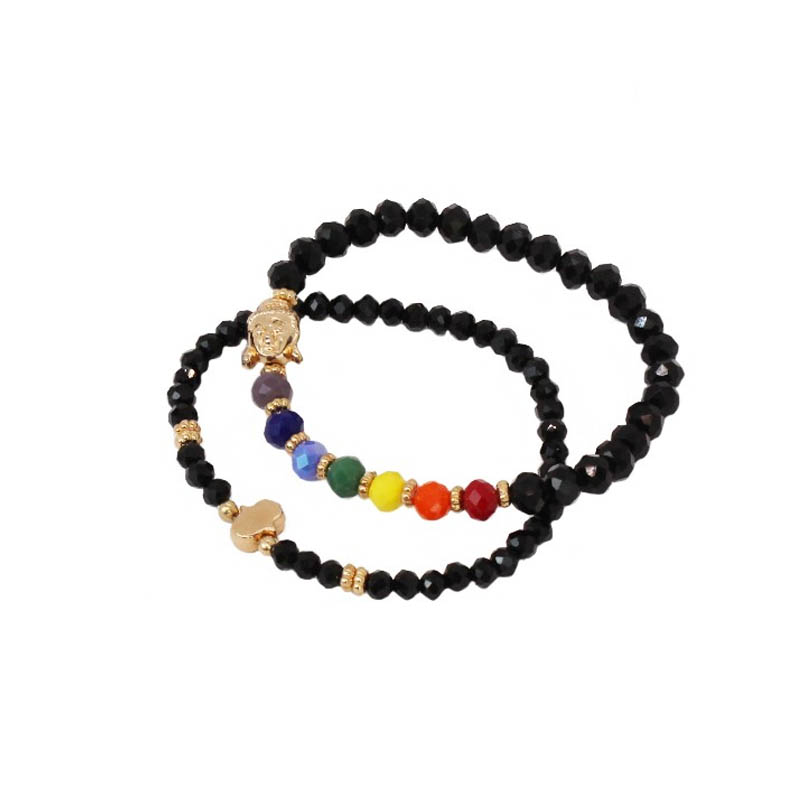 Set Pulsera Elastica Negras con 7 Chakras, Buda y Mano de Fatima