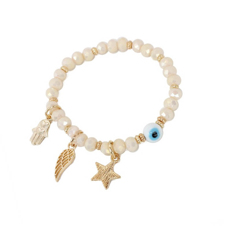 Pulsera Elastica Beige con Ojo Turco, Estrella, Ala y Mano de Fatima