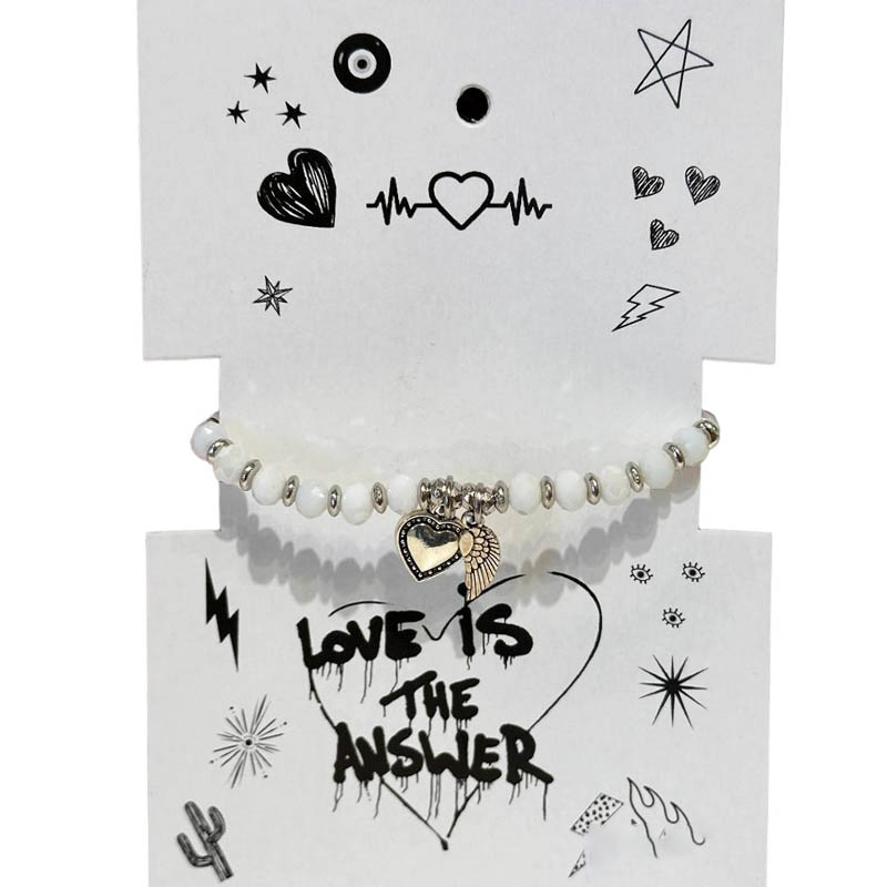 Pulsera Elastica Blanca con Corazon y Ala Plateada