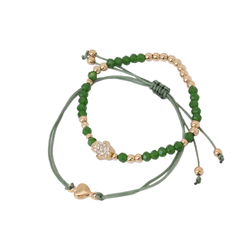 Set Pulseras Verde Elastica con Mano de Fatima con Strass y de Hilo con Corazon