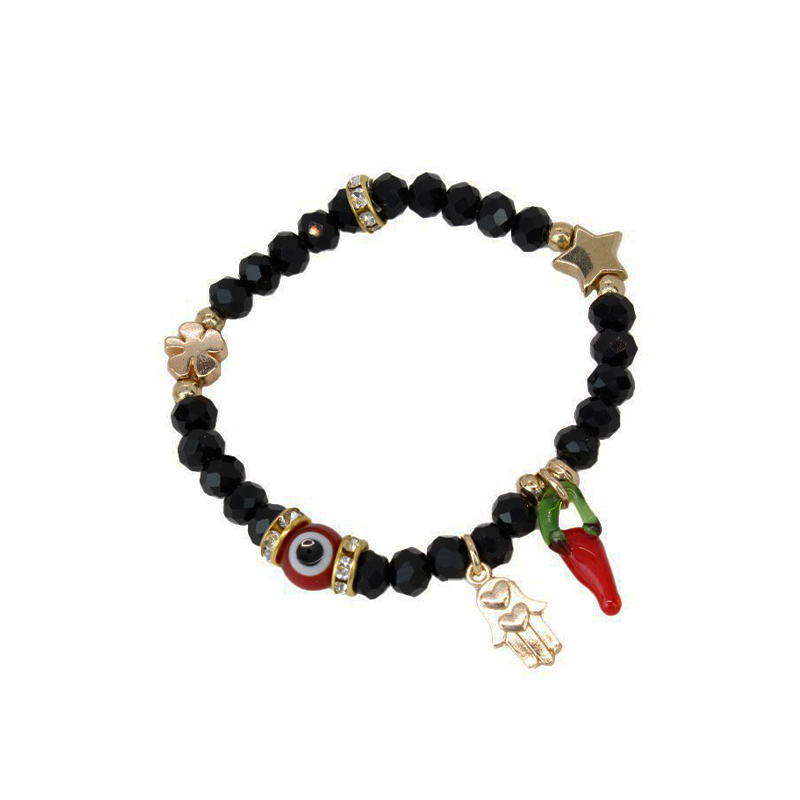 Pulsera Elastica Negra con Ojo Turco, Mano de Fatima y Aji Rojo