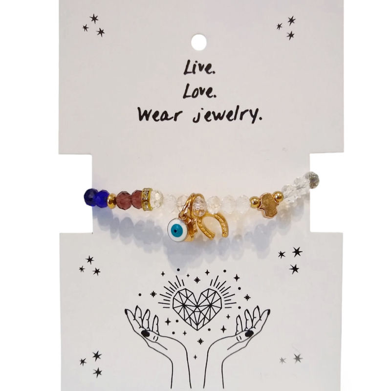 Pulsera Elastica con 7 Colores con Dijes Dorados de Herradura, Trebol, Ojo Turco y Mano de Fatima