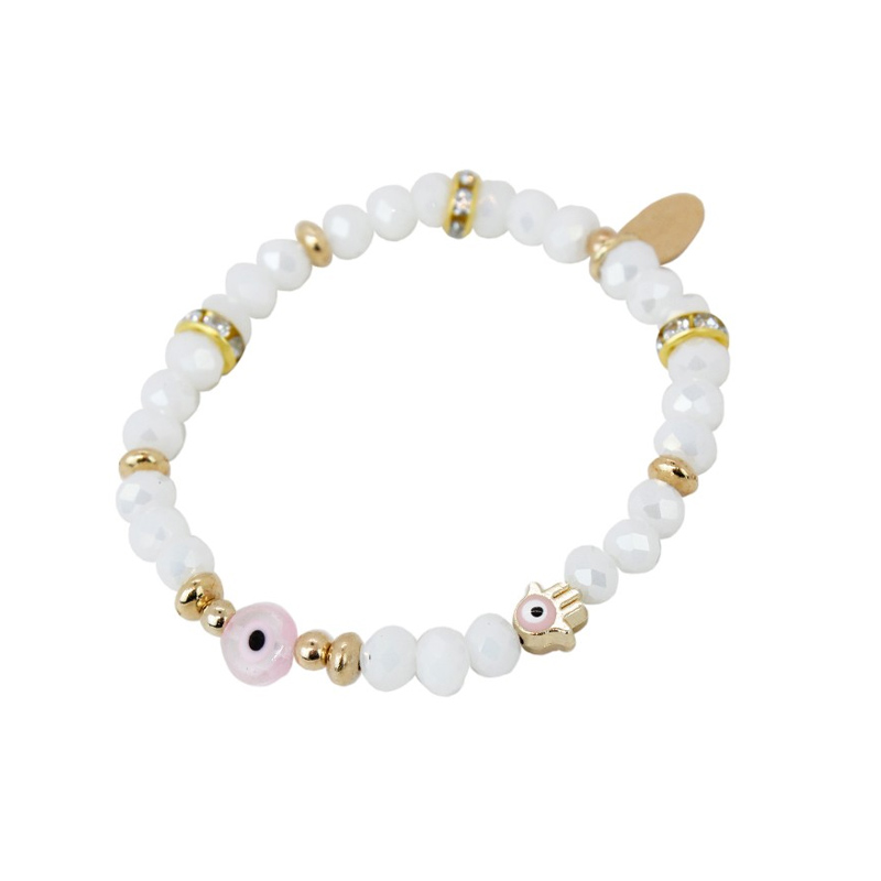 Pulsera Elastica Blanca con Ojo Turco Rosa y Dijes Dorados