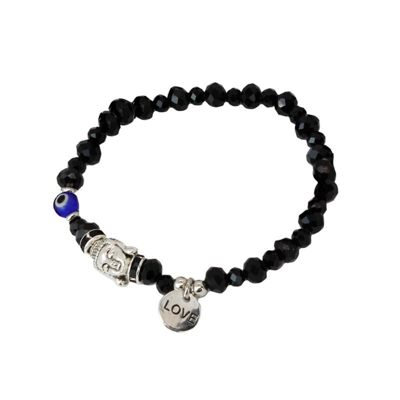 Pulsera Elastica Lucky Negra con Dije Buda y Ojo Turco Azul