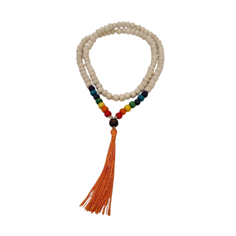 Japa Mala Madera Blanca 7 Chakras 108 Cuentas Tessel Naranja
