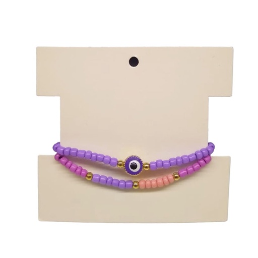 Set Dos Pulseras Elastica y de Hilo Ojo Turco Violeta