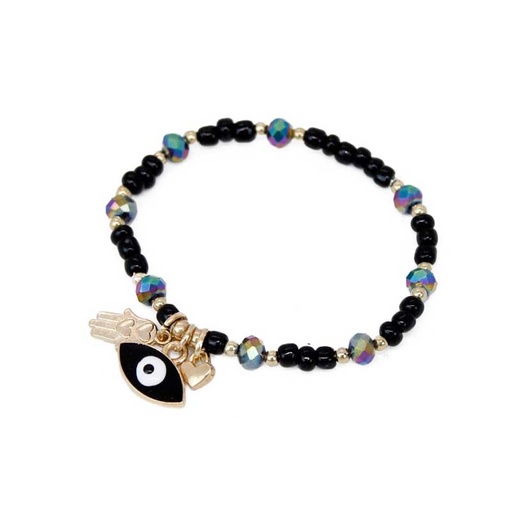 Pulsera Negra con ojo Turco, Mano de Fatima y Corazon