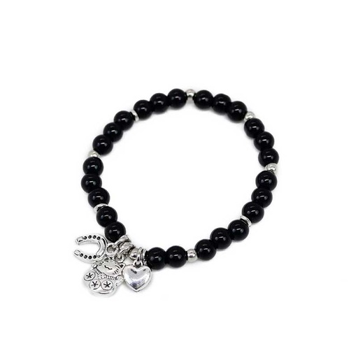 [¨67095] Pulsera Negra con Gatito, Corazon y Herradura