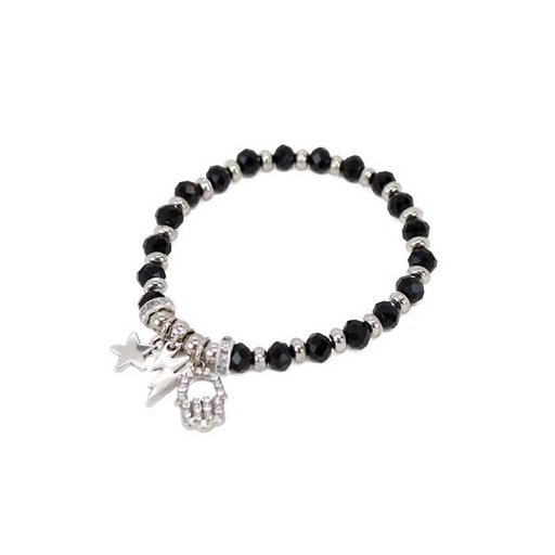 [¨70329] Pulsera Negra Estrella, Rayo y Mano de Fatima con Strass