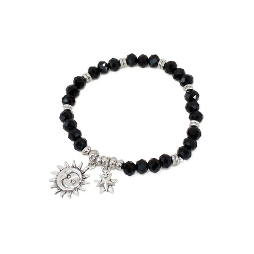 [¨71961] Pulsera Negra con Sol, Estrella y Luna