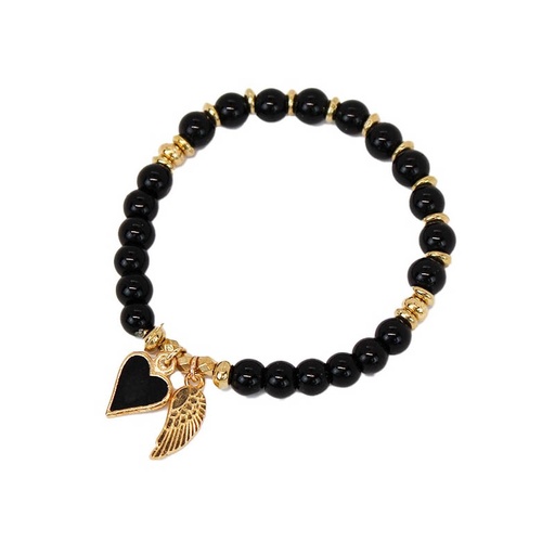 [¨76123] Pulsera Elastica Negra con Corazon y Ala