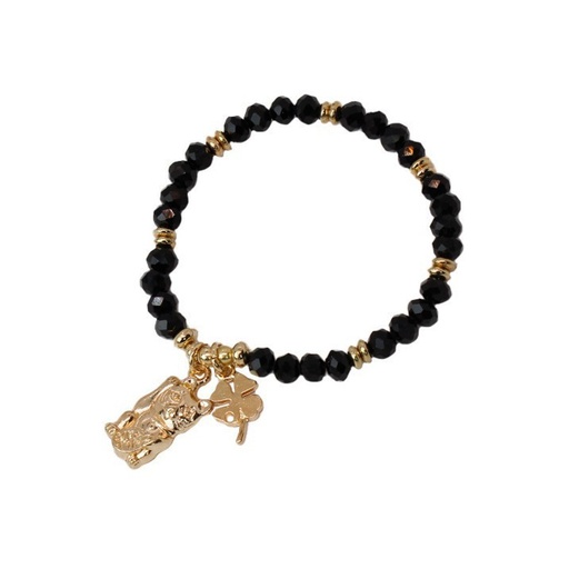 Pulsera Elastica Negra con Gato y Trebol Dorado