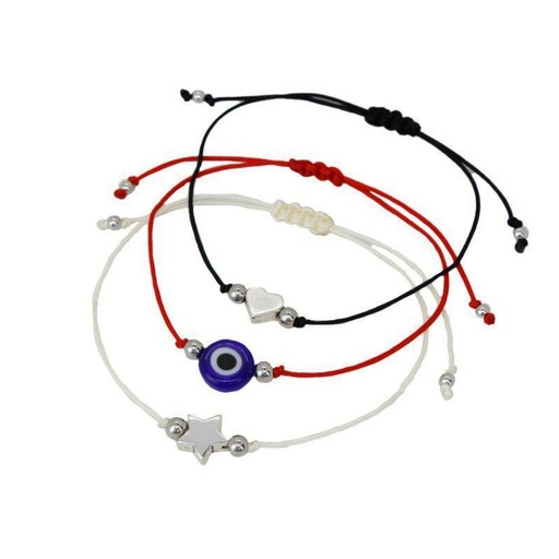 [^79617] Set Pulseras Hilo Roja, Negra y BLanca con Estrella, Ojo Turco y Corazon