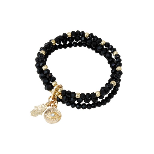 Pulsera Elastica Triple Negra con Ojo y Mano de Fatima Dorada