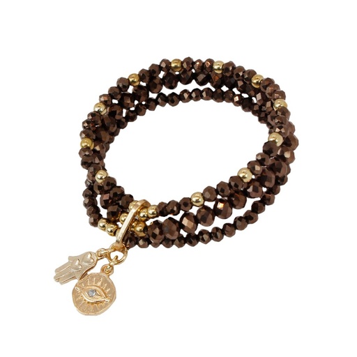 [^78571] Pulsera Elastica Triple Color Bronce con Ojo y Mano de Fatima Dorada