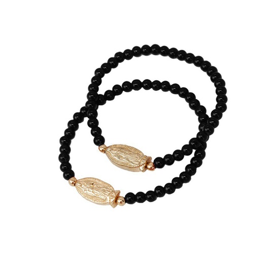 Set Pulsera Elastica Negra con Dije Dorado Virgen de Guadalupe