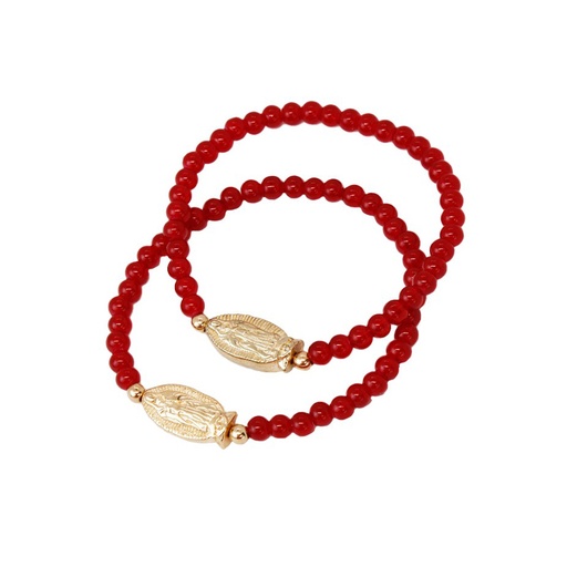 [{79263] Set Pulsera Elastica Rojas con Dije Dorado Virgen de Guadalupe