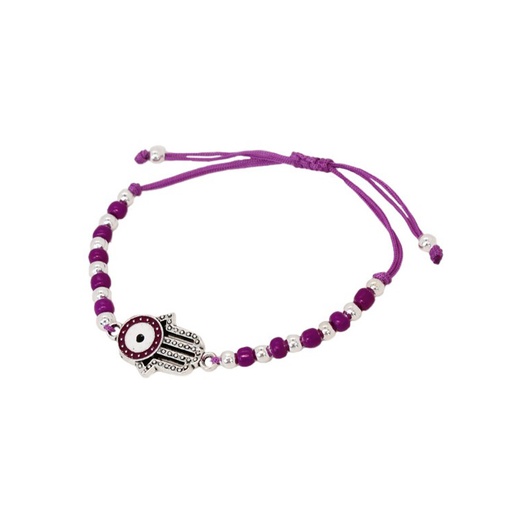 [{76135] Pulsera Hilo Violeta con Plateado con Mano de Fatima