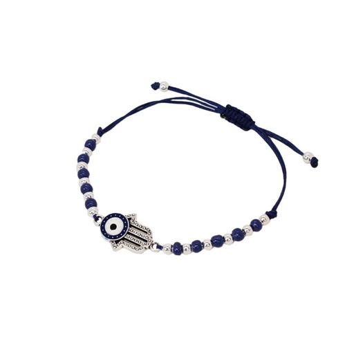 [{76135] Pulsera Hilo Azul con Plateado con Mano de Fatima