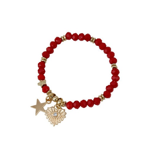 [{79805] Pulsera Elastica Roja con Estrella y Corazon con Ojo Turco