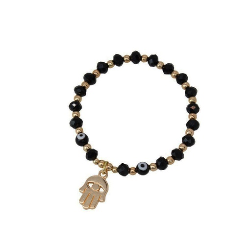 [{78555] Pulsera Elastica Negra con Ojo Turco y Mano de Fatima