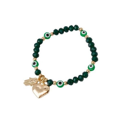 [{78689] Pulsera Elastica Verde con Dijes Dorados de Corazon y Mano de Fatima con Ojos Turcos