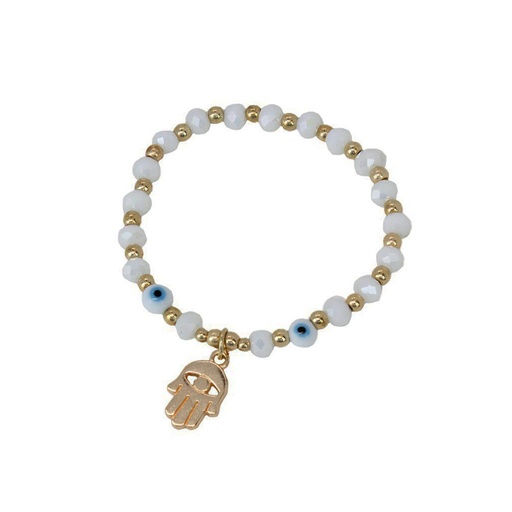 [{78555] Pulsera Elastica Blanca con Mano de Fatima Dorada y Ojos Turcos