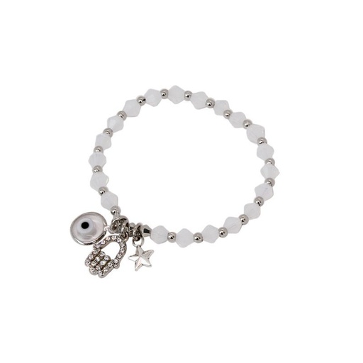 [{75613] Pulsera Elastica Blanca con Ojo Turco, Estrella y Mano de Fatima con Strass