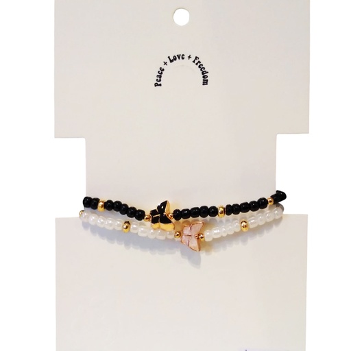 [{79775] Set Pulseras Elasticas Blanca y Negra con Mariposas