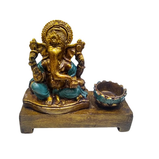 Porta Vela Altar Ganesha Dorado Manto Verde 15cm