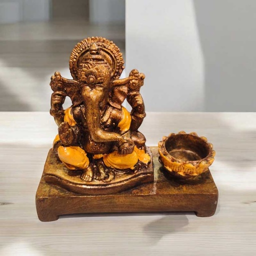 Porta Velas Altar Ganesha Dorado con Naranja 15cm