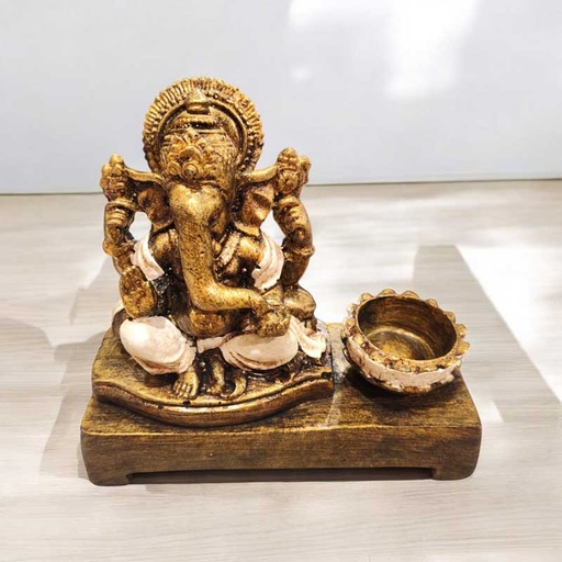 Porta Velas Altar Ganesha Dorado con Blanco 15cm