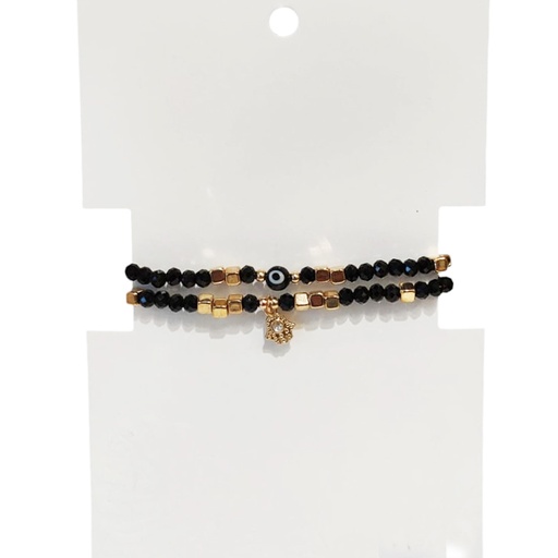 [81905] Set Pulseras Hilo y Elastica Negra con ojo Turco y Mano de Fatima