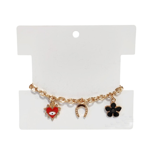 Pulsera Trendy Dorada con Corazon Rojo y Dijes Varios