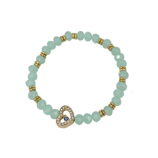 [85819] Pulsera Elastica Aqua y Dorada con Corazon y Ojo Turco