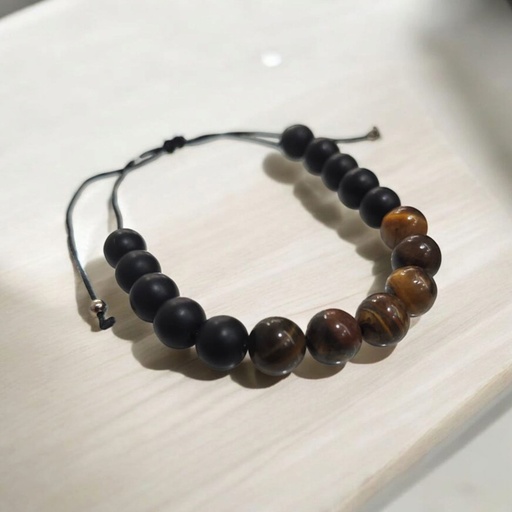 Pulsera Gema Ojo de Tigre con Piedras Naturales Negro Mate Hilo Esferas