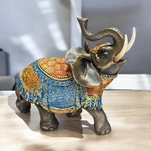 Elefante Manto Azul/Naranja de Resina 16cm