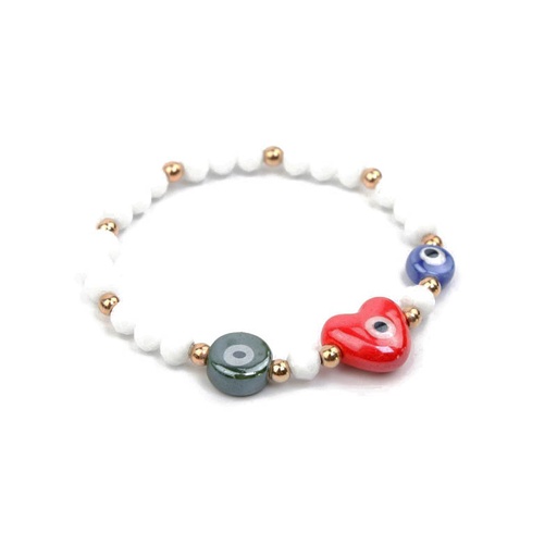 Pulsera Elastica Blanca con Corazon y Ojo Turco