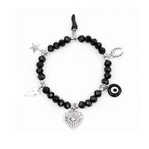 [88697] Pulsera Elastica Negra con Ojo Turco, Herradura y Dijes Varios