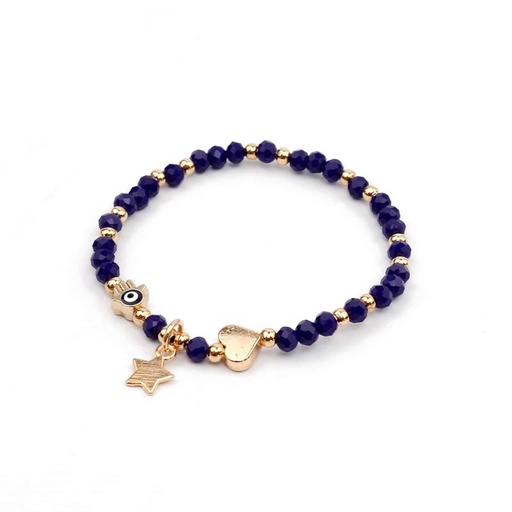[88979] Pulsera Elastica Azul con Corazon, Mano de Fatima, Ojo Turco y Estrella