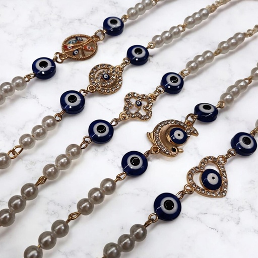 Pulsera Trendy con Perlas, Ojo Turcos y Dijes Varios con Strass