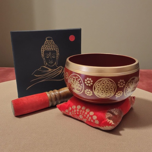 Cuenco Tibetano 13.5cm Rojo con Zafu, Baqueta y Caja Buda
