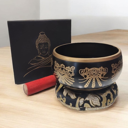 Cuenco Tibetano Negro con Zafu, Baqueta y Caja Buda 16cm