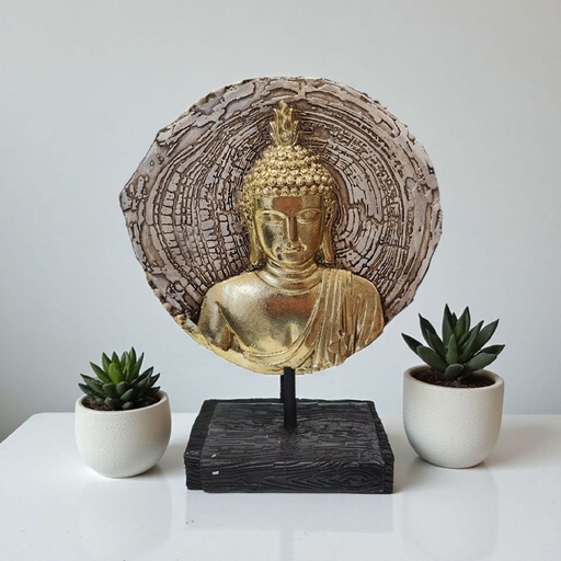 Buda Resina Dorado Fondo Madera 23cm